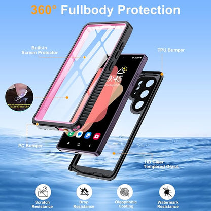 GOLDJU for Samsung Galaxy S25 Ultra Case Waterproof,IP68 Waterproof Dustproof Case with Built-in Screen Protector, Full Body Protective Phone Cover for Galaxy S25 Ultra 6.9 Inch, Pink/Clear