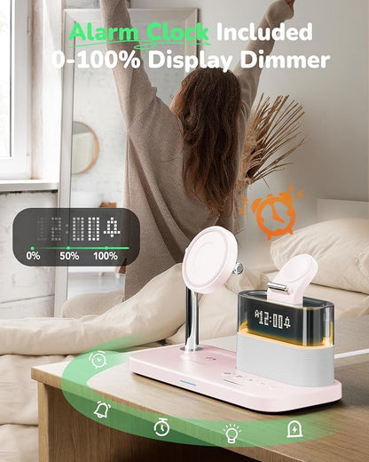 Compatible with Qi2 Certified 15W Charging Station with Alarm Clock and Night Light,Fast 5 in 1 Mag-Safe Wireless Charger Stand for iPhone 16 15 14 13 12 Pro Max,Apple Watch,Air-Pods(Pink)