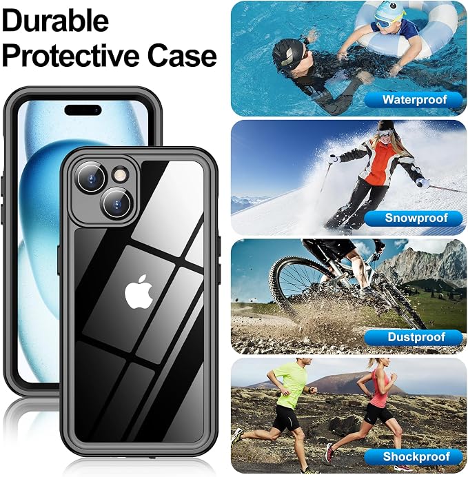MOZOTER for iPhone 15 Case Waterproof,[IPX8 Underwater Case][Full Body Shockproof & Military Dropproof] Clear Sound Quality Built-in Screen Protector for iPhone 15 6.1 inch-Black