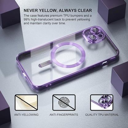 Misea Magnetic for iPhone 15 Case Compatible with MagSafe [Never Yellowing] [Military Grade Drop Protection] Full Camera Lens Protector Plating Soft Clear Phone Case for Women, Purple