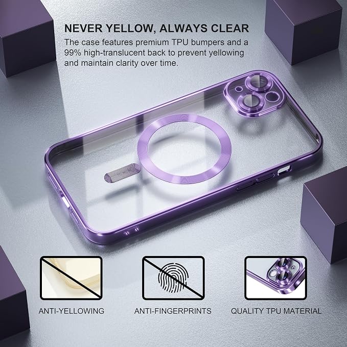 Misea Magnetic for iPhone 15 Plus Case Compatible with MagSafe [Never Yellowing] [Military Grade Drop Protection] Full Camera Lens Protector Plating Soft Clear Phone Case for Women, Purple