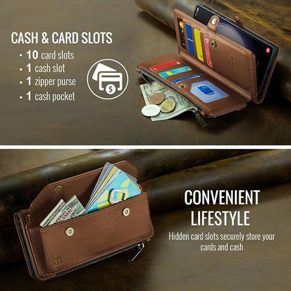 Strapurs Crossbody Wallet Case Compatible with Samsung Galaxy S22 Ultra 5G RFID Blocking 10-Card Holder Soft PU Leather Magnetic Snap Strap Zipper Pocket Phone Case Fit for Galaxy S22 Ultra - Brown