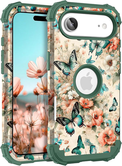 Hocase for iPhone Air Case 6.5", Heavy Duty Shockproof Protection Soft Silicone Rubber+Hard Plastic Bumpers Hybrid Protective Case for iPhone Air 2025 - Teal Green Butterflies