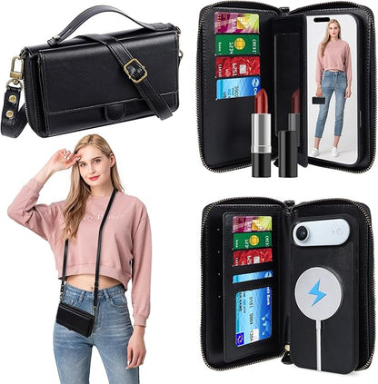 Lacass for iPhone 17 Air Detachable Crossbody Wallet Case, Compatible with MagSafe Magnetic 2 in 1 RFID Blocking PU Leather Wallet Cover Card Holder Zipper Make Up Mirror (Black)