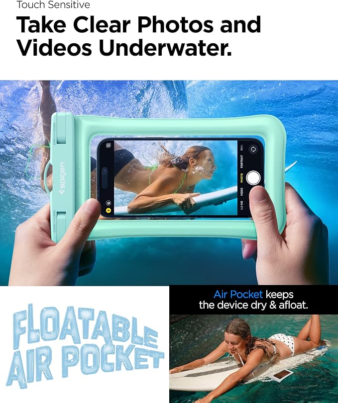 Spigen AquaShield Floating Universal Waterproof Phone Pouch, Waterproof Phone Case, PVC Protective Dry Bag Cases with IPX8 A610 Compatible with iPhone, Galaxy, Google (Pack of 1) - Floatable Mint