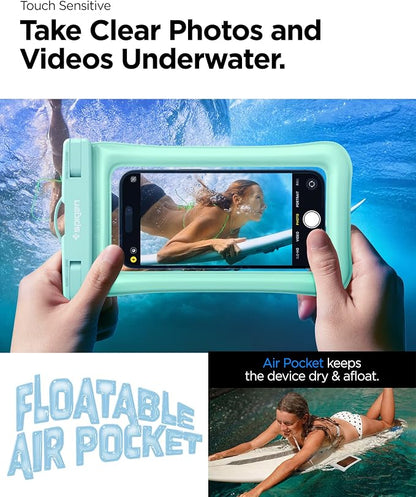 Spigen AquaShield Floating Universal Waterproof Phone Pouch, Waterproof Phone Case, PVC Protective Dry Bag Cases with IPX8 A610 Compatible with iPhone, Galaxy, Google (Pack of 1) - Floatable Mint
