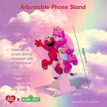 Sonix Character Phone Stand | Adjustable Cell Phone Holder, Desk Stand, Dock | Care Bears x Sesame Street Pink | Cheer Bear & Elmo