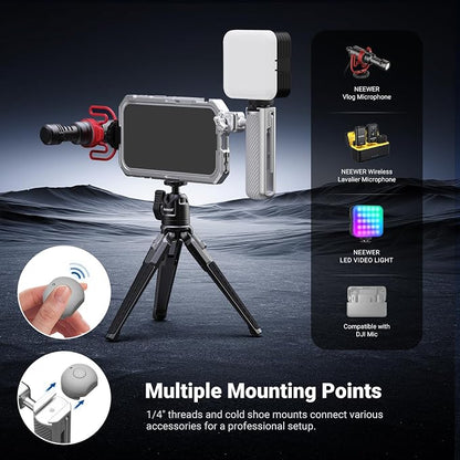 NEEWER Phone Cage Kit Compatible with iPhone 17 Pro Only, Video Rig Stabilizer Accessories with 67mm Filter Ring, 17mm Lens Backplate, T Mount Adapter, Two Quick Release Handles, PA143 (Silver)