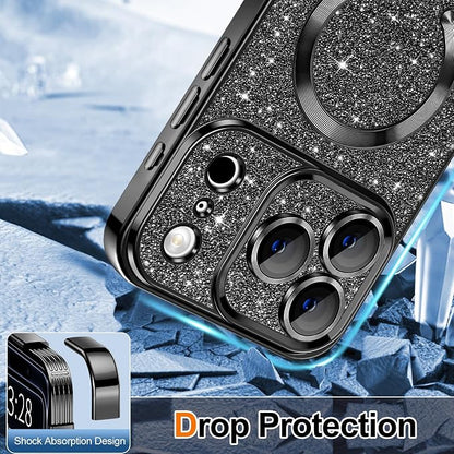 Hython for iPhone 17 Pro Case Glitter Clear Magnetic Phone Cases [Compatible with MagSafe] Full Camera Lens Protector Sparkle Luxury Plating Slim Shockproof Protective Cover Women, Black