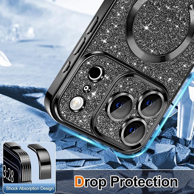 Hython for iPhone 17 Pro Max Case Glitter Clear Magnetic Phone Cases [Compatible with MagSafe] Full Camera Lens Protector Sparkle Luxury Plating Slim Shockproof Protective Cover Women, Black