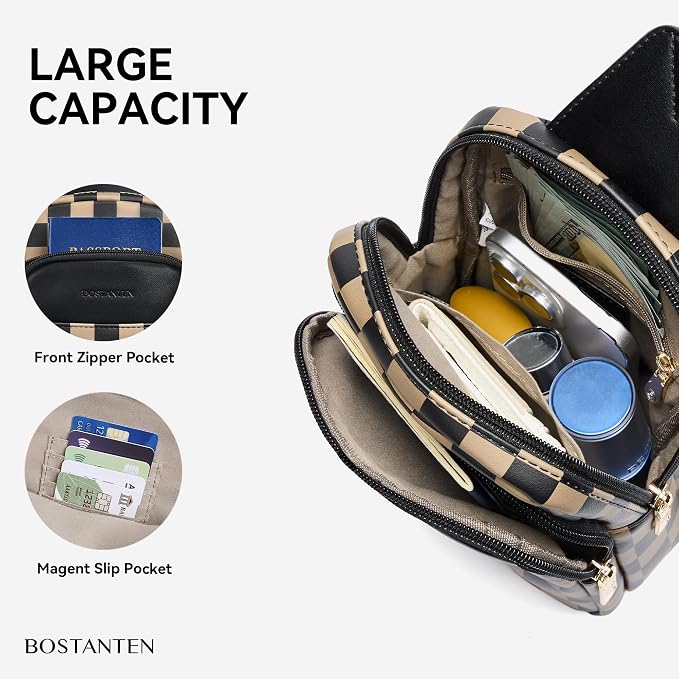 BOSTANTEN Sling Bag Quilted Crossbody Bags for Women Cross Body Purse Leather Fanny Pack with Adjustable Guitar Strap