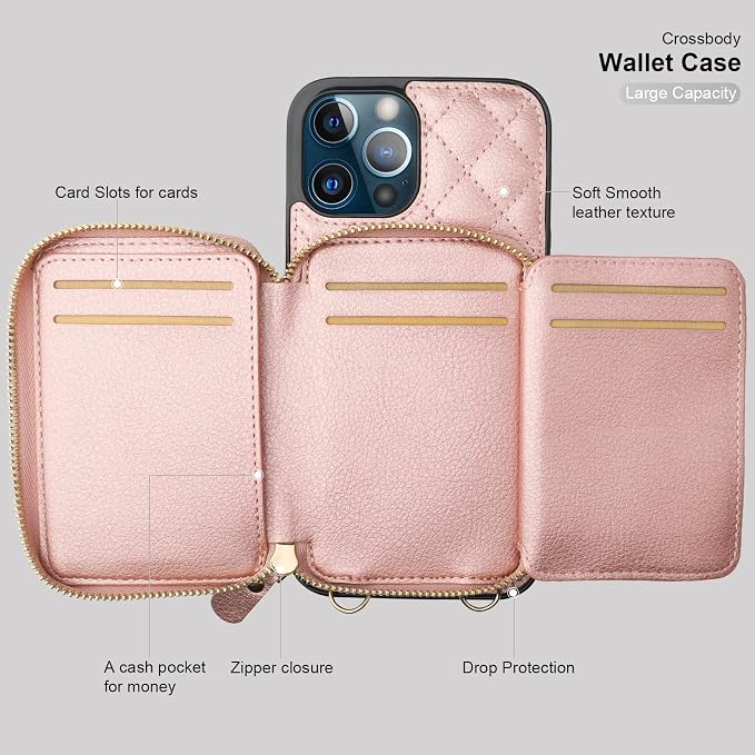 Bocasal Crossbody Wallet Case for iPhone 12 Pro Max, RFID Blocking PU Leather Zipper Handbag Purse Flip Cover, Kickstand Folio Case with Card Slots Holder Wrist Strap Lanyard 5G 6.7 Inch (Rose Gold)