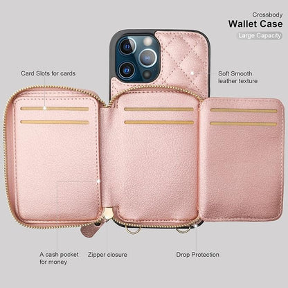 Bocasal Crossbody Wallet Case for iPhone 13 Pro Max, RFID Blocking PU Leather Zipper Handbag Purse Flip Cover, Kickstand Folio Case with Card Slots Holder Wrist Strap Lanyard 5G 6.7 Inch (Rose Gold)