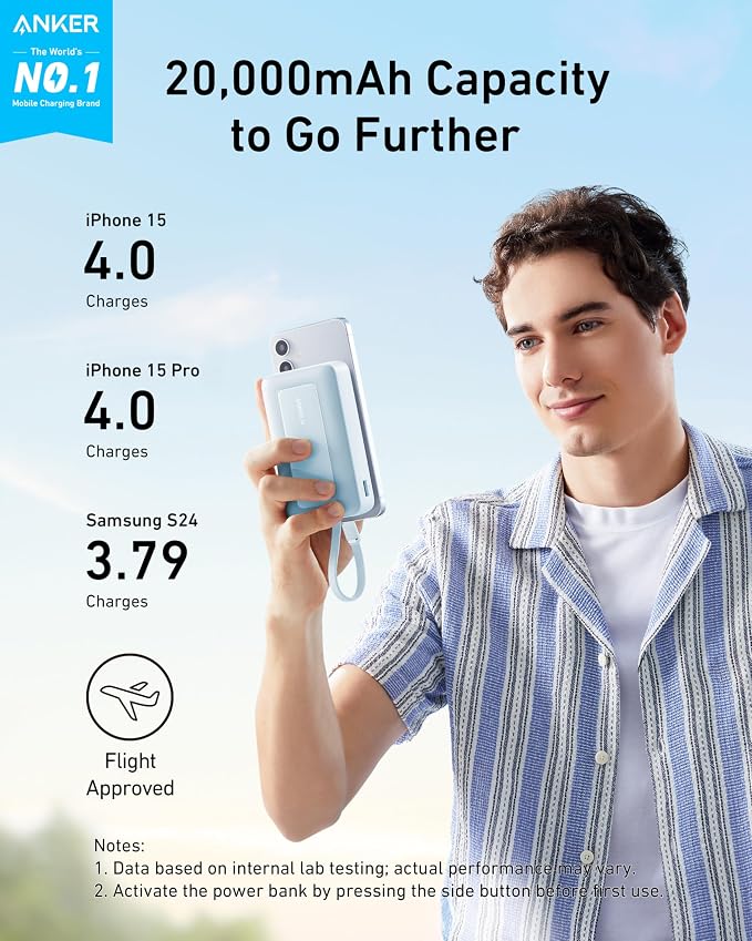 Anker Portable Charger, 10,000mAh 30W Power Bank, USB-C in and Out Fast Charging Battery Pack, Travel Essential Phone Power Bank, for iPhone 17/16, Galaxy and More (Blue, 10000, Milliamp Hours)