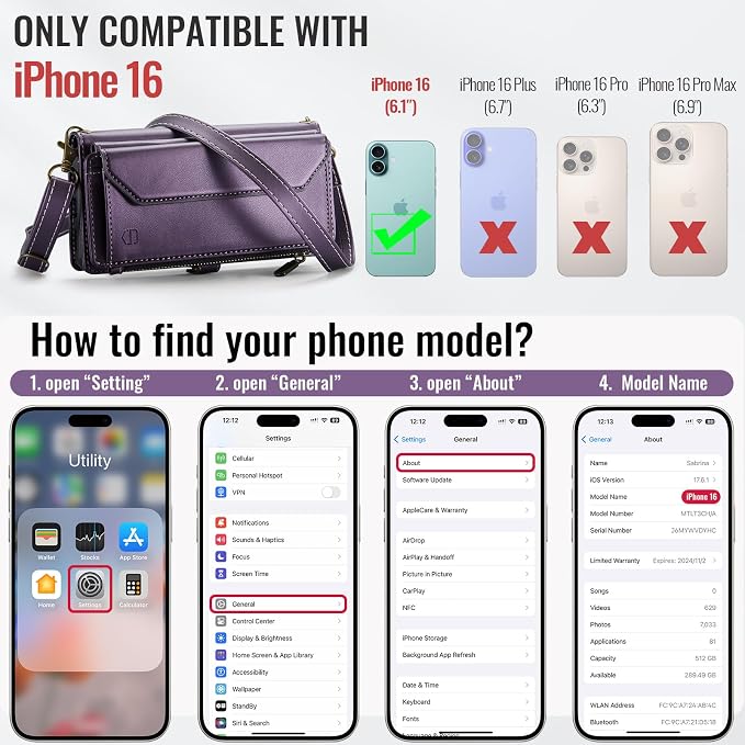 Strapurs Wallet Case Compatible with iPhone 16 6.1" RFID Blocking 7-Card Holder Soft PU Leather Magnetic Snap Shoulder Strap Zipper Pocket Phone Case Fit for iPhone 16 for Women - Purple