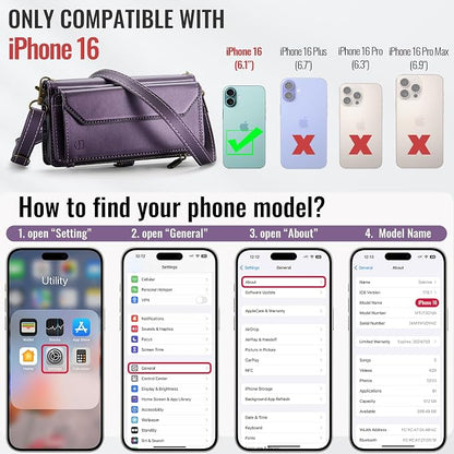 Strapurs Wallet Case Compatible with iPhone 16 6.1" RFID Blocking 7-Card Holder Soft PU Leather Magnetic Snap Shoulder Strap Zipper Pocket Phone Case Fit for iPhone 16 for Women - Purple