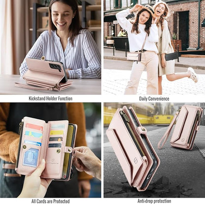 Strapurs Crossbody Wallet Case Compatible with Samsung Galaxy S22 Plus RFID Blocking Card Holder Soft PU Leather Magnetic Snap Strap Zipper Pocket Phone Case Fit for Galaxy S22+/ S22 Plus - Rose Gold