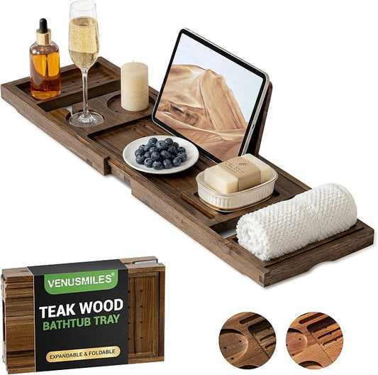 Venusmiles Teak Bathtub Tray Caddy, Foldable Bath Tray with Expandable Handles, Wine Glass and Phone Holders, Book Stand, for Home Spa Relaxation, Luxury Bathroom Accessories - Dark Walnut Color