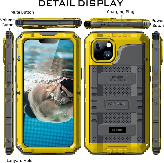 Mitywah Waterproof Case for iPhone 14 Plus, Heavy Duty Shockproof Case with Built-in Screen Protector, Full Body Underwater Protective Metal Case 6.7 inch, Yellow