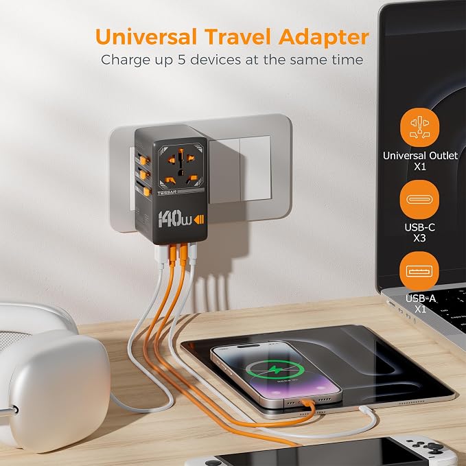 TESSAN Universal Travel Adapter, 140W GaN, Black | International Plug Adaptor, 3 USB C and 1 USB A Charging Ports, Worldwide Power Outlet, US to Europe UK AUS Ireland