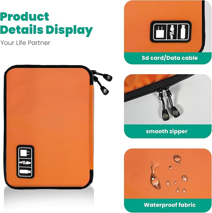 Cord Organizer Travel, Electronics Organizer Tech Pouch - Portable Cable Organizer Bag for Cords, Charger, Phone, SD Card, Power Bank for Travel & Daily Use -Orange Green