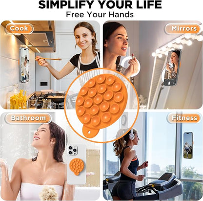 Magnetic Suction Cup Phone Mount with MagSafe, Silicone Hands-Free Grip Holder for iPhone Case and Android, Mirror Shower Phone Stand for Makeup FaceTime Gym Kitchen Bathroom, Orange