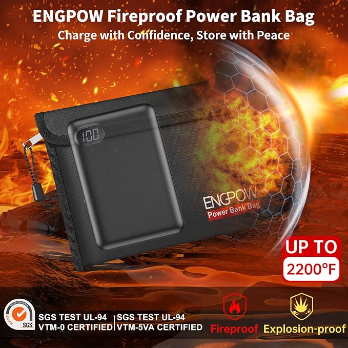 ENGPOW Fireproof Organizer Travel Bag,Heat Insulated＆Explosion-Proof Electronic Carry Case,Portable Home Travel Safe Storage for Power Bank,Phone,Cables,USB Drive＆Charging Protection, 10.6''x6.7''