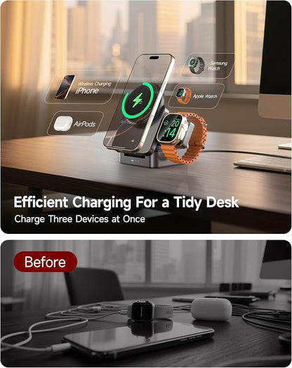 ZEEHOO 3-in-1 Foldable Magnetic Wireless Charging Station, Qi2 Certified 15W Travel Charger Stand Dock for iPhone 17/16/15/14/13/12 Series, Apple Watch, AirPods (30W Adapter Included)