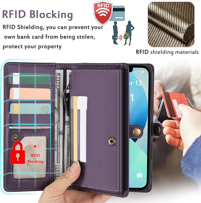 for Wallet Case Compatible with iPhone 13,Multi-Function Detachable 2 in 1 Magnetic iPhone 13 Case Wallet,Flip Strap Zipper Card Holder Phone Case with Shoulder Straps (Pruple)