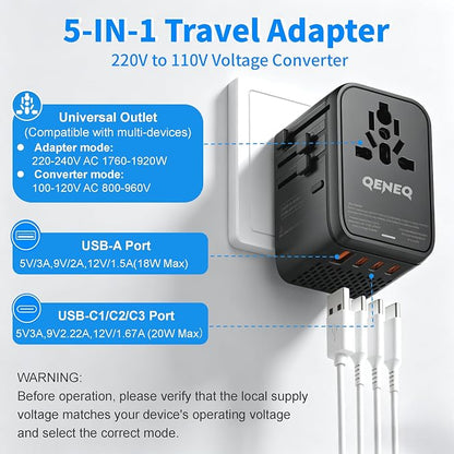 220V to 110V Voltage Converter Universal Travel Adapter International Step Down Power Adapter Converter with 3 USB C and USB A Ports US Canada to Europe Plug Adapter Travel Plug Adapter (Black)
