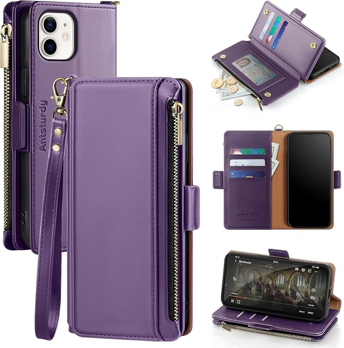 Antsturdy Compatible with iPhone 12 Wallet Case,RFID Blocking PU Leather Phone Case Women Men Kickstand Flip Cover Wrist Strap Zipper Credit Card Holder Slots,for Apple 12 Pro 6.1",Purple