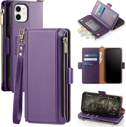 Antsturdy Compatible with iPhone 12 Wallet Case,RFID Blocking PU Leather Phone Case Women Men Kickstand Flip Cover Wrist Strap Zipper Credit Card Holder Slots,for Apple 12 Pro 6.1",Purple