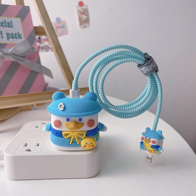 3D Cute Cartoon Charger Protector Case - Compatible for Apple 20W USB-C Power Adapter and Lightning Cable (Hat Duck)