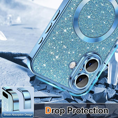 Hython for iPhone 17 Case Glitter Clear Magnetic Phone Cases [Compatible with MagSafe] Full Camera Lens Protector Sparkle Luxury Plating Slim Shockproof Protective Cover Women, Light Blue