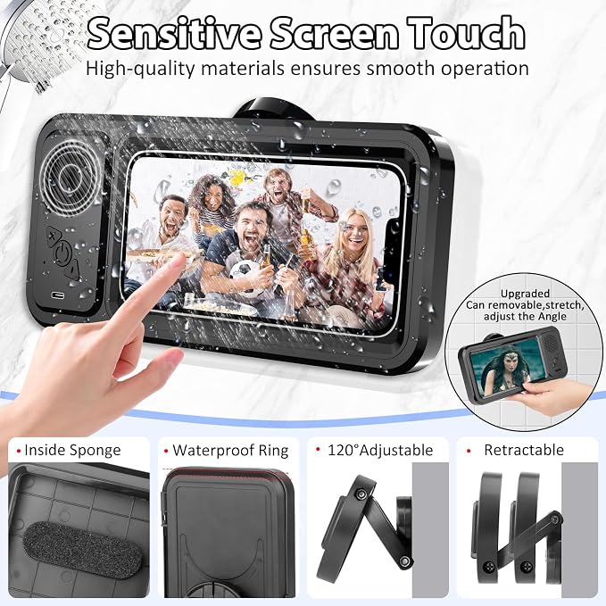 Shower Phone Holder with Wireless Bluetooth Speaker,2026 New Waterproof 480 Rotation Viewable Shower Phone Case Speaker for Any Phone, Wall Mounted Phoneholder Stand for Bathroom Mirror (Black)