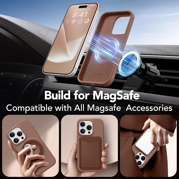 GONEZ for iPhone 15 Pro Max Case Silicone, Compatible with Magsafe, Camera Protector + Screen Protector, Soft Anti-Scratch Microfiber Lining, Liquid Silicone Shockproof Phone Cover, Brown