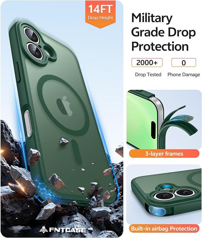 FNTCASE for iPhone 16 Case: [Compatible with Magsafe] Translucent Matte Cases with [Full Camera Protection] [Screen Protector] Military Grade Shockproof Protective Phone Cover - Green
