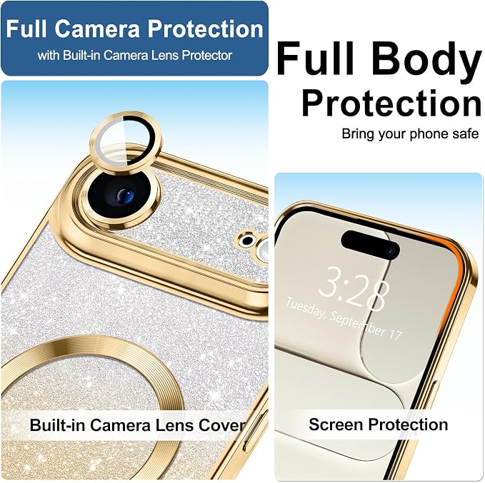 Hython for iPhone Air Case Glitter Clear Magnetic Phone Cases [Compatible with MagSafe] Full Camera Lens Protector Sparkle Luxury Plating Slim Shockproof Protective Cover Women, Gradient Gold