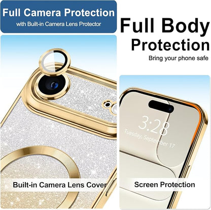 Hython for iPhone Air Case Glitter Clear Magnetic Phone Cases [Compatible with MagSafe] Full Camera Lens Protector Sparkle Luxury Plating Slim Shockproof Protective Cover Women, Gradient Gold