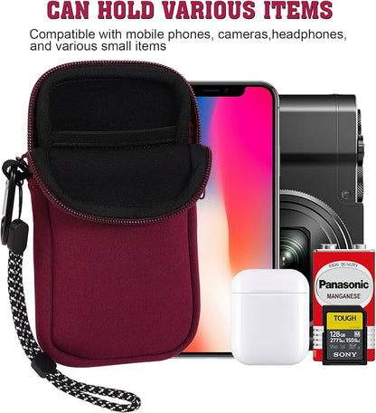 Pwsap Phone Sock,Universal Shock Impact Resistant Large Neoprene Phone Pouch Bag with Carabiner and Lanyard Strap Sleeve Case for Hiking Travelling Fits Phones up to 7.5 Inches,Wine Red,L