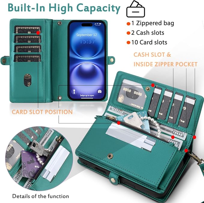 for Wallet Case Compatible with iPhone 16,Multi-Function Detachable 2 in 1 Magnetic iPhone 16 Wallet,Flip Strap Zipper Card Holder Phone Case with Shoulder Straps (Green)