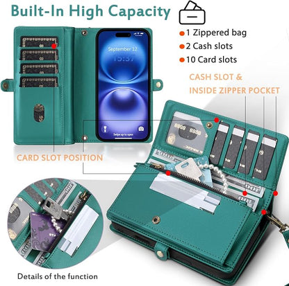 for Wallet Case Compatible with iPhone 16,Multi-Function Detachable 2 in 1 Magnetic iPhone 16 Wallet,Flip Strap Zipper Card Holder Phone Case with Shoulder Straps (Green)
