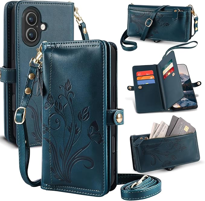 Lacass for iPhone 17 Case Wallet,[Cards Theft Scan Protection] Card Holder Zipper Leather Flip Cover Crossbody Wrist Strap with Stand (Floral Cyan Green)