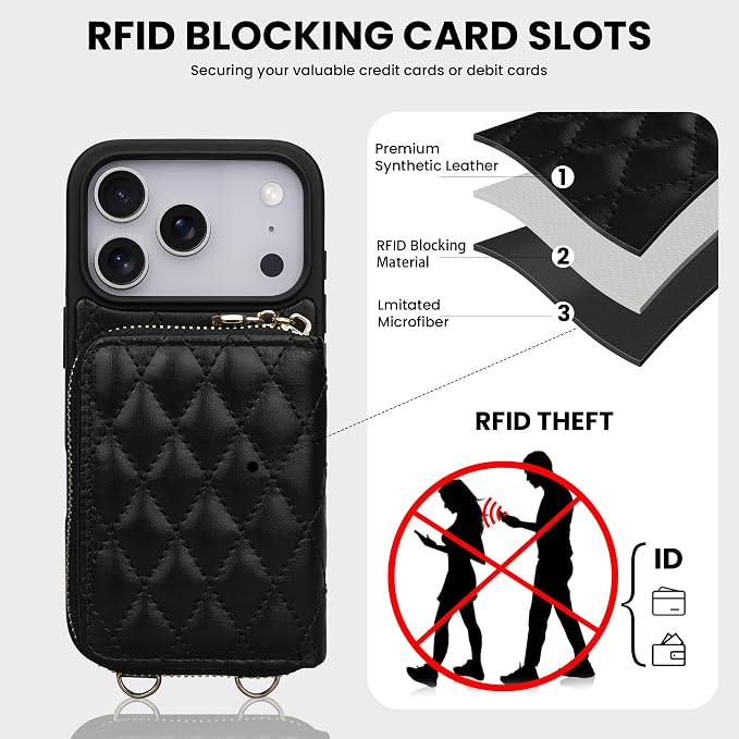 Keallce Case for iPhone 17 Pro 6.3'' Wallet Case, Crossbody Zipper Purse with Wrist Strap Handbag, RFID Blocking Card Holders, Lanyard Kickstand Flip Leather Phone Cover for iPhone 17 Pro, Black