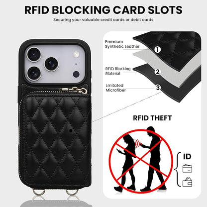 Keallce Case for iPhone 17 Pro 6.3'' Wallet Case, Crossbody Zipper Purse with Wrist Strap Handbag, RFID Blocking Card Holders, Lanyard Kickstand Flip Leather Phone Cover for iPhone 17 Pro, Black