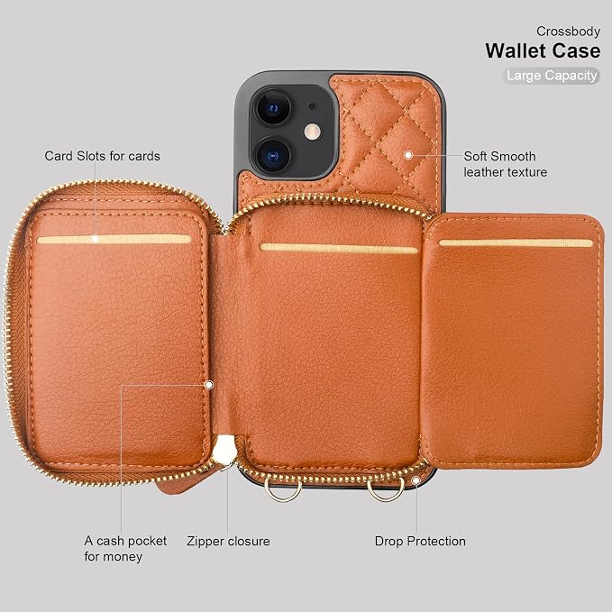 Bocasal Crossbody Wallet Case for iPhone 12/12 Pro, RFID Blocking PU Leather Zipper Handbag Purse Flip Cover, Kickstand Folio Case with Card Slots Holder Wrist Strap Lanyard 5G 6.1 Inch (Brown)
