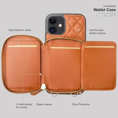 Bocasal Crossbody Wallet Case for iPhone 12/12 Pro, RFID Blocking PU Leather Zipper Handbag Purse Flip Cover, Kickstand Folio Case with Card Slots Holder Wrist Strap Lanyard 5G 6.1 Inch (Brown)