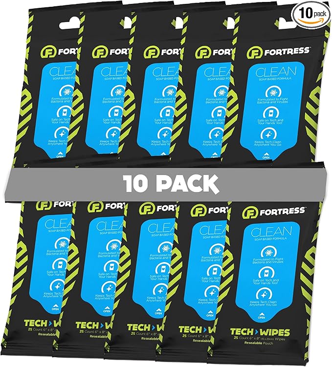 Fortress Electronic Wipes (25 ct, Pack of 10) To-Go Tech Wipes for Screens, Phones, Keyboards, TV Monitors, Computer Screens, and More [Travel Size] Skin-Safe