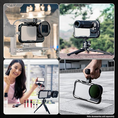 NEEWER 16 Pro Cage, Quick Release Video Rig Phone Stabilizer Compatible with iPhone 16 Pro with 67mm Filter Adapter, 17mm Lens Backplate, T Mount Lens Adapter Compatible with Moment, PA073
