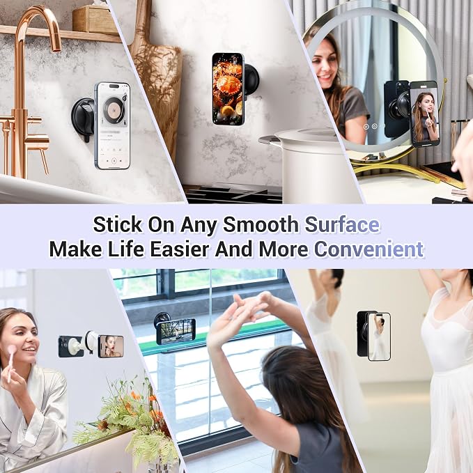 PROfezzion Magnetic Shower Mirror Phone Holder Reusable Suction Cup Phone Mount Compatible with iPhone 17 16 15 14 13 12 & All Phones, Rotating Stand for Glass Window Bathroom Kitchen, Black